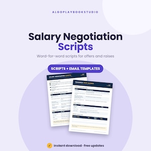 Może przedstawiać: Cyfrowy przewodnik zatytułowany Salary Negotiation Scripts z podtytułem Word-for-word scripts for offers and raises. Dokument zawiera sekcje dotyczące badań, szablony wiadomości e-mail oraz strategie negocjacyjne na białych stronach z ciemnoniebieskim tekstem.