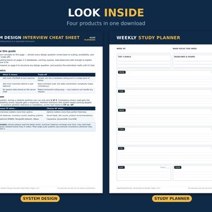 May include: A digital document titled System Design Interview Cheat Sheet featuring scaling basics and CAP theorem concepts, alongside a Weekly Study Planner with sections for goals, deadlines, and daily tasks, all presented on a dark blue background.