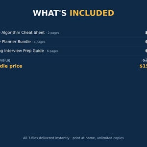 May include: A dark blue digital document listing the contents of a bundle: Big-O Algorithm Cheat Sheet (2 pages), Study Planner Bundle (4 pages), and Coding Interview Prep Guide (6 pages). The text includes individual prices and a bundle price.