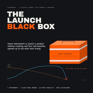 Puede incluir: Un póster gráfico negro titulado THE LAUNCH BLACK BOX. Incluye una caja naranja etiquetada LAUNCH RECORDER DO NOT OPEN - UNLESS TO LEARN, un gráfico de líneas que muestra tendencias de ventas y efectivo, y texto sobre siete instrumentos.