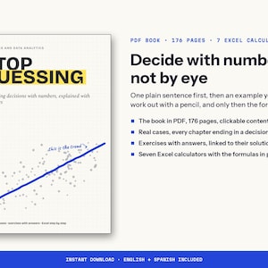May include: A digital book cover titled STOP GUESSING for statistics and data analytics, featuring a blue trend line graph on a grid background. The text includes Decide with numbers, not by eye, 176 pages, and seven Excel calculators.