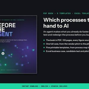 Puede incluir: Un paquete de productos digitales que incluye un libro PDF de 133 páginas titulado Before the Agent, cinco plantillas imprimibles y un kit de herramientas Excel. La portada muestra un degradado morado y verde con nodos y texto.