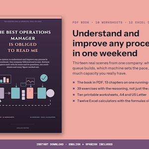 May include: A digital product guide titled The Best Operations Manager Is Obliged To Read Me, featuring a dark purple cover with a process flow diagram, 10 worksheets, and 12 Excel calculators. The text outlines 13 chapters, 39 exercises, and A4 or US Letter formats.