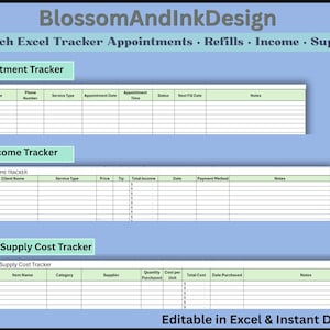 May include: A digital spreadsheet template titled BlossomAndInkDesign Lash Tech Excel Tracker Appointments, Refills, Income, Supplies. It includes three distinct tables for tracking appointments, income, and supply costs with light green headers.
