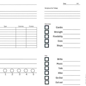 May include: A white daily planner page with black text featuring sections for date, day, intention, scripture, food tracking table, exercise checkboxes, mental health tracking with sleep, read, meditate, and stress level, and fun activity checkboxes.