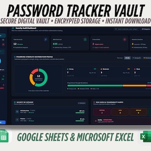 May include: A digital password tracker vault dashboard interface featuring a dark theme with data visualization charts, security audit metrics, risk level alerts, and credential strength profiles, compatible with Google Sheets and Microsoft Excel.