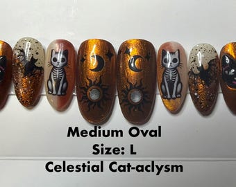Spooky Cat Halloween Press-On Nails | Amber Metallic Orange (Medium Oval)