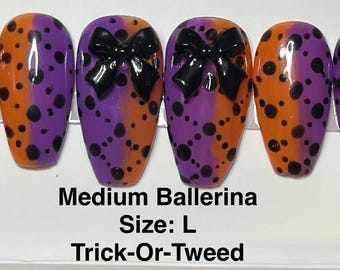Trick-Or-Tweed Halloween Press-On Nails | Purple Orange Polka Dots, 3D Black Bows (Medium Ballerina)