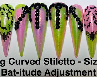 Pink & Green Handmade Aura Halloween Press On Nails | Reusable |  Hand-Painted Fake Nails | Spooky False Nails Set (Long Curved Stiletto)