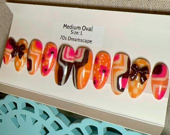 Handmade 70s Dreamscape Press On Nails | Medium Oval Gel Nail Set | Retro Psychedlic Fake Nails | Orange & Pink Groovy Swirl