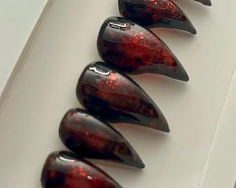 Handmade Vampy Obsidian 3D Dragon Claw Press On Nails | Gothic Dark Fantasy Blood Red Glitter Fake Nails | Vampire Talon Cosplay Set