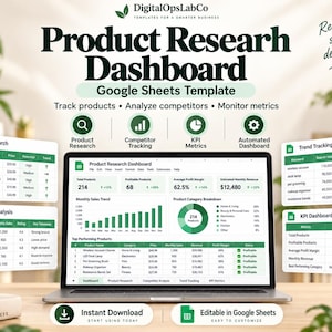 Pode incluir: Um modelo de painel de pesquisa de produtos do Google Sheets exibido na tela de um laptop. A interface apresenta tabelas de dados para pesquisa de produtos, análise de concorrentes, rastreamento de tendências e métricas de KPI.