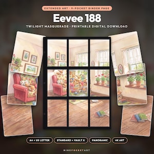 May include: A nine-pocket binder page featuring extended art of Eevee 188 from Twilight Masquerade. The printable digital download displays a cozy room with a red armchair, potted plants, and books. Text includes Eevee 188, Twilight Masquerade, Printable Digital Download, A4 + US Letter, Standard + Vault X, Panoramic, 4K Art, and Ninepocketart.