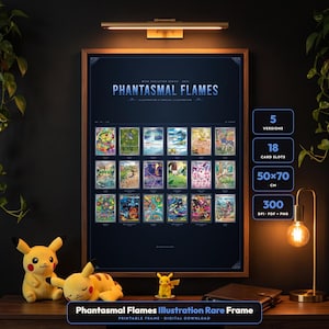 Cornice porta carte rare con illustrazione di Fiamme Fantasmatiche / 18 scomparti / 50 x 70 cm. Cornice stampabile per carte Pokémon (download digitale).