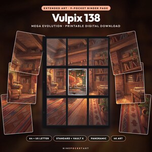 May include: A nine-pocket binder page featuring extended art of a library interior with a Vulpix 138 card in the centre. The text reads: EXTENDED ART 9-POCKET BINDER PAGE, Vulpix 138, MEGA EVOLUTION PRINTABLE DIGITAL DOWNLOAD, A4 + US LETTER, STANDARD + VAULT X, PANORAMIC, 4K ART, NINEPOCKETART.