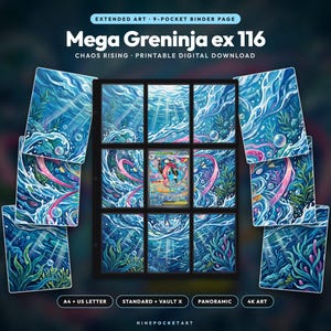 May include: A nine-pocket binder page featuring an extended art print of Mega Greninja ex 116 from Chaos Rising. The artwork displays a vibrant underwater scene with blue waves, bubbles, and aquatic plants, surrounding a central trading card.