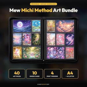 Può includere: Un raccoglitore nero contenente varie illustrazioni colorate in stile carta collezionabile con il personaggio Mew. Il testo recita Mew Michi Method Art Bundle, 40 Art Pieces, 10 Binder Pages, 4 Print Versions, A4 + US Letter e NinePocketArt.