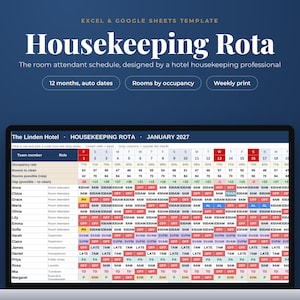 Peut inclure: Un modèle numérique de planning de ménage pour Excel et Google Sheets affiché sur un écran d'ordinateur portable. Le tableau présente le planning de janvier 2027 pour The Linden Hotel, avec les noms, rôles et codes couleur des équipes.