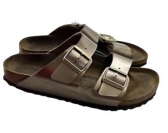 Birkenstock Arizona Dark Brown Birko-Flor Sandals Copper Buckle Unisex 41 W10 M8