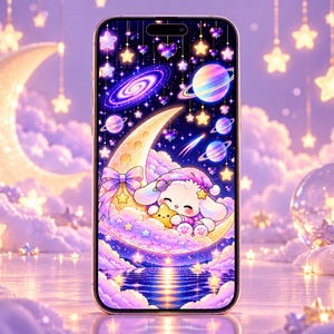 May include: A smartphone displaying a digital illustration of a white bunny wearing a purple nightcap, resting on a yellow crescent moon. The background features a purple night sky with planets, stars, and clouds, creating a celestial scene.