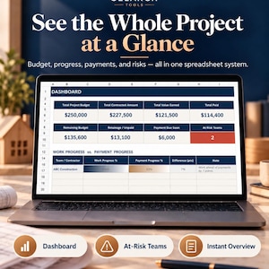 May include: A laptop screen displaying a Selarch Tools project dashboard spreadsheet. The interface shows financial data including total project budget, contracted amount, value earned, paid, remaining budget, and at-risk teams in a table format.