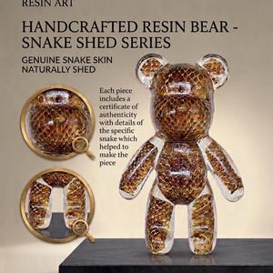 May include: A clear resin bear figurine containing genuine snake skin, labelled Natural Wonders Resin Art, Handcrafted Resin Bear - Snake Shed Series, and Sheddy Teddy. The text notes each piece includes a certificate of authenticity for the snake skin.