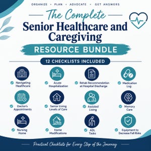 以下が含まれることがあります： The Complete Senior Healthcare and Caregiving Resource Bundleというタイトルのデジタルリソースバンドル。医療、投薬記録、日常生活動作などのトピックに関する12のチェックリストが、青とティールカラーのアイコンで表示されています。