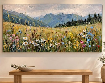 Wildflower Meadow Mountain Oil Painting,Impasto Landscape Wall Art,Vintage Countryside Scenery Canvas,Rustic Nature Wall DecorFarmhouse Gift
