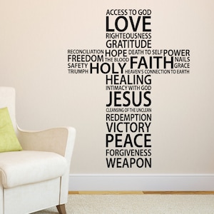 Cross collage, Christian words, Love, Faith, Hope, Peace, Victory, Jesus, Church, Inspirational, vinyl decal,  wall decal,  Youth, RE3117