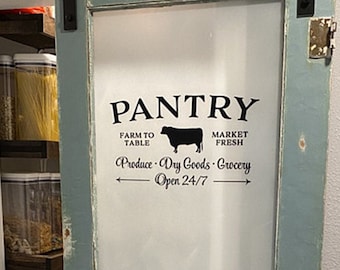 Pantry, Farm to table Market Fresh Produce Dry Goods Grocery, Open 24/7 Glass door Wall Decal decor Sign, Kitchen Door, beef cow  HH2264