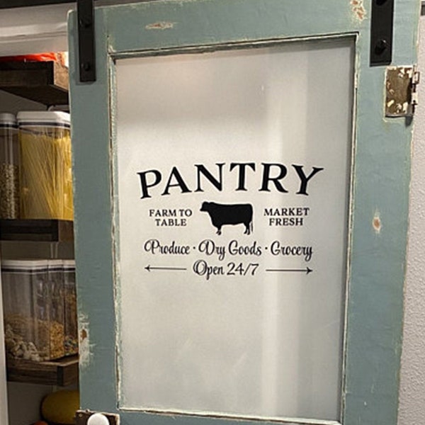 Pantry, Farm to table Market Fresh Produce Dry Goods Grocery, Open 24/7 Glass door Wall Decal decor Sign, Kitchen Door, beef cow  HH2264