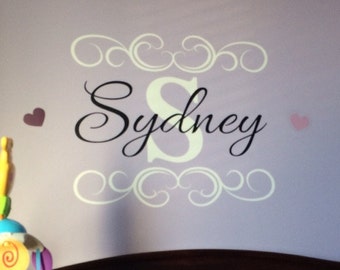 Child Name Monogram Vinyl Decal Fancy border- Name with Initial ITEM4520-Nursery Girl Vinyl Personalized Decal