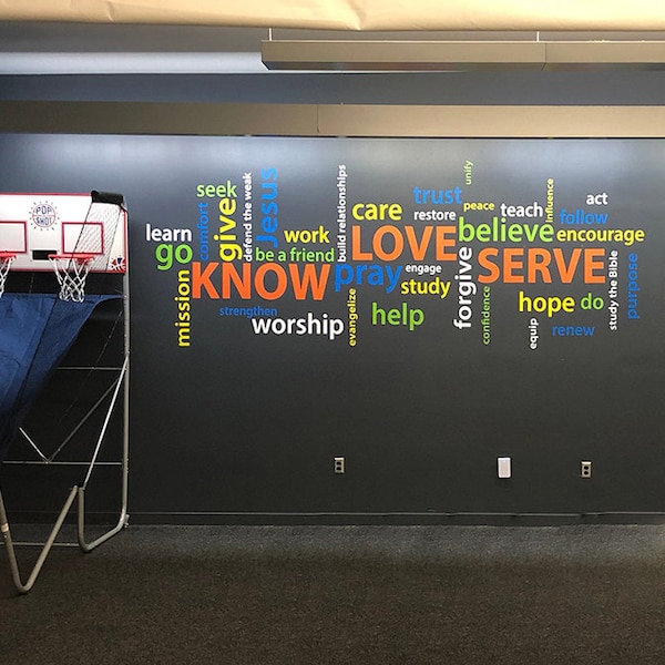 Word collage Know Love Serve, Wall Decal, Church, Youth Room, Christian School, Wall Decal, Vinyl decal, wall sticker, wordle, RE3129