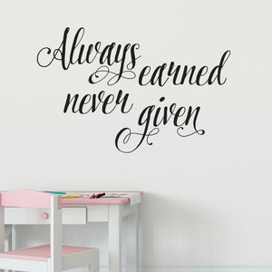 May include: A white wall with a black cursive quote that reads "Always earned never given". A white table with a pink chair is in the foreground.
