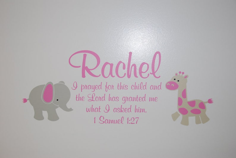 1SAM1V27-0014 1 Samuel 1:27 Bible Verse Scripture Verse Child Name Personalized Vinyl Decal with Elephant and Giraffe Girls Room