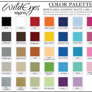 May include: Color palette chart with 25 color swatches. The chart includes colors like black, white, red, light orange, navy blue, powder blue, pink, charcoal, dark brown, burgundy, light yellow, genetian blue, geyser blue, lipstick, middle grey, light brown, rust, maize, azure blue, teal, soft pink, warm grey, beige, olive, lime tree green, ice blue, mint, carnation pink, silver, gold, celedon, key lime pie, violet, and lilac.