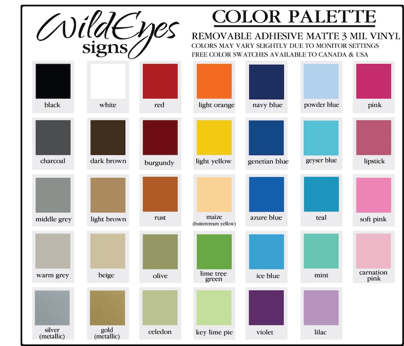 May include: Color palette chart with 25 color swatches. The chart includes colors like black, white, red, light orange, navy blue, powder blue, pink, charcoal, dark brown, burgundy, light yellow, genetian blue, geyser blue, lipstick, middle grey, light brown, rust, maize, azure blue, teal, soft pink, warm grey, beige, olive, lime tree green, ice blue, mint, carnation pink, silver, gold, celedon, key lime pie, violet, and lilac.