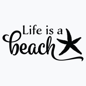 Op de afbeelding: Zwart-wit grafisch ontwerp met de tekst "Life is a beach" en een gestileerde zeester.