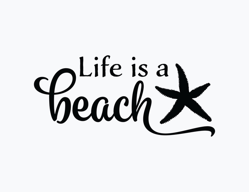 Op de afbeelding: Zwart-wit grafisch ontwerp met de tekst "Life is a beach" en een gestileerde zeester.