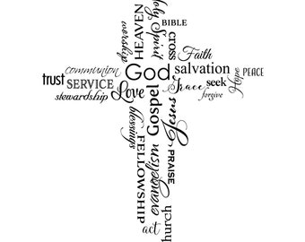 Cross collage, Christian words,God, Love, Faith, Church, wall decal, vinyl decal, sticker, removable, Youth Room, Living RoomRE3133