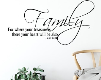 Luke 12:34 Family where your treasure is there your heart will be also- Family photo wall vinyl foyer living room wall decal LUK12V34-0001