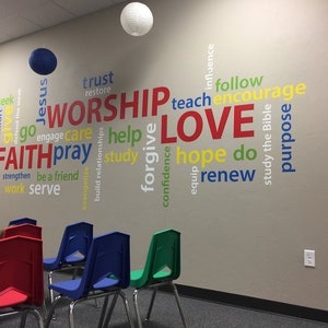 Word collage Faith Worship Love, Youth Room, Church, Christian School, Wordle, wall decal, vinyl decal, colorful collage, word cloud, RE3125