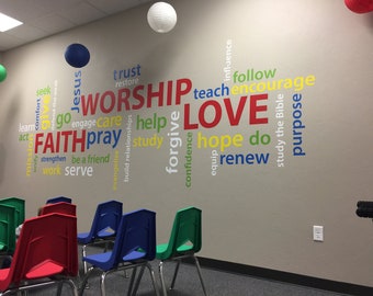 Word collage Faith Worship Love, Youth Room, Church, Christian School, Wordle, wall decal, vinyl decal, colorful collage, word cloud, RE3125