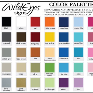 May include: Color palette chart with 25 color swatches. The chart includes colors like black, white, red, light orange, navy blue, powder blue, pink, charcoal, dark brown, burgundy, light yellow, genetian blue, geyser blue, lipstick, middle grey, light brown, rust, maize, azure blue, teal, soft pink, warm grey, beige, olive, lime tree green, ice blue, mint, carnation pink, silver, gold, celedon, key lime pie, violet, and lilac.
