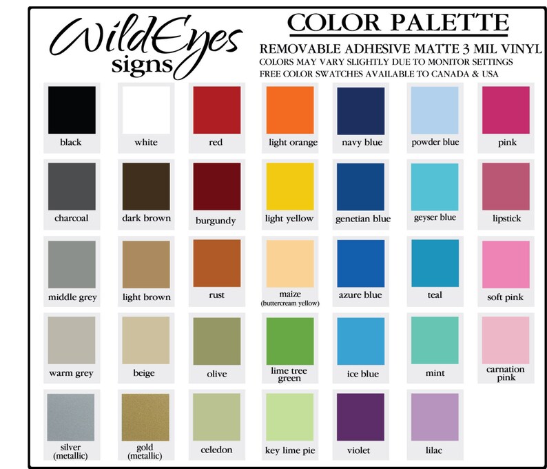 May include: Color palette chart with 25 color swatches. The chart includes colors like black, white, red, light orange, navy blue, powder blue, pink, charcoal, dark brown, burgundy, light yellow, genetian blue, geyser blue, lipstick, middle grey, light brown, rust, maize, azure blue, teal, soft pink, warm grey, beige, olive, lime tree green, ice blue, mint, carnation pink, silver, gold, celedon, key lime pie, violet, and lilac.