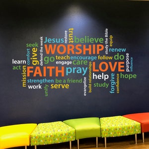 Word collage Faith Worship Love, Youth Room, Church, Christian School, Wordle, wall decal, vinyl decal, colorful collage, word cloud, RE3174