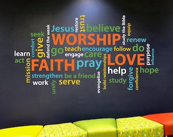 Word collage Faith Worship Love, Youth Room, Church, Christian School, Wordle, wall decal, vinyl decal, colorful collage, word cloud, RE3174