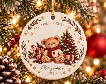 Adorno navideño personalizado para la primera Navidad del bebé, osito de peluche de cerámica, con nombre y año personalizados.