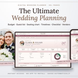 Può includere: Un modello di pianificatore di matrimonio digitale visualizzato su uno schermo di laptop e smartphone. L'interfaccia presenta una dashboard con il testo Clara & Julian, un conto alla rovescia di 247 giorni, tracker di budget e una foto.