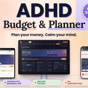 Könnte beinhalten: Ein digitaler ADHD-Budgetplaner auf einem Computermonitor, Tablet und Smartphone. Die dunkle Benutzeroberfläche mit orangefarbenen Akzenten zeigt einen Kontostand von 55,93 $. Der Text umfasst "Plan your money. Calm your mind." und "FREE DEMO".
